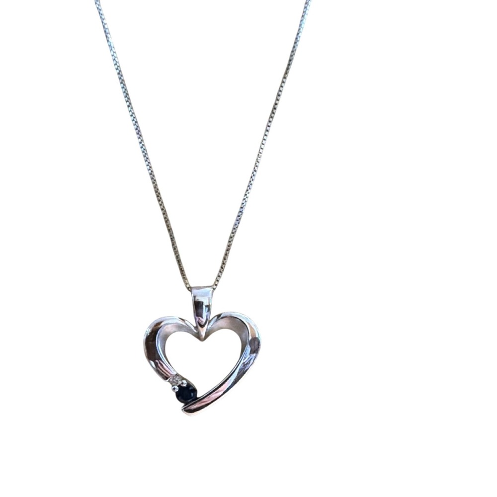 Silver Tone Open Heart Necklace Sapphire Color Accent Gift Danity